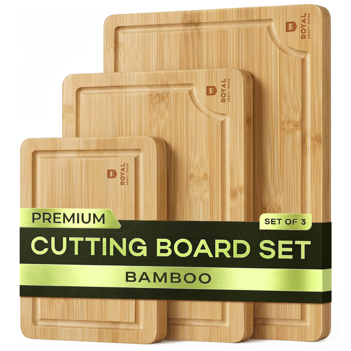 ROYAL CRAFT WOOD Wooden Cutting Boards for Kitchen Appliances - Non Toxic Bamboo Wood Cutting Board Set with Deep Juice Groove, Side Handles, Charcuterie & Butcher Block for Meat, Meal Prep & Serving
