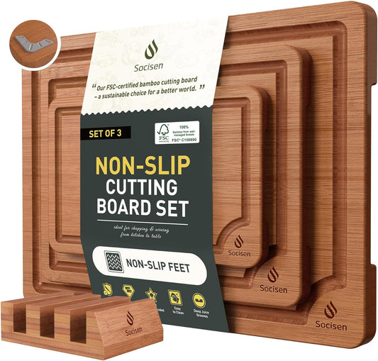 Socisen Bamboo Cutting Board Set with Non Slip Feet Holder and Over Sink Nice Solid Thick Juice Groove Chopping Board Extra Large Big Small Best Hardwood Kitchen Brown 3 Pcs