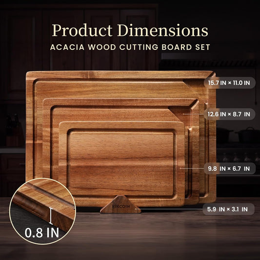 Kikcoin Food Safe Acacia Wood Cutting Board Set, Reversible Tray