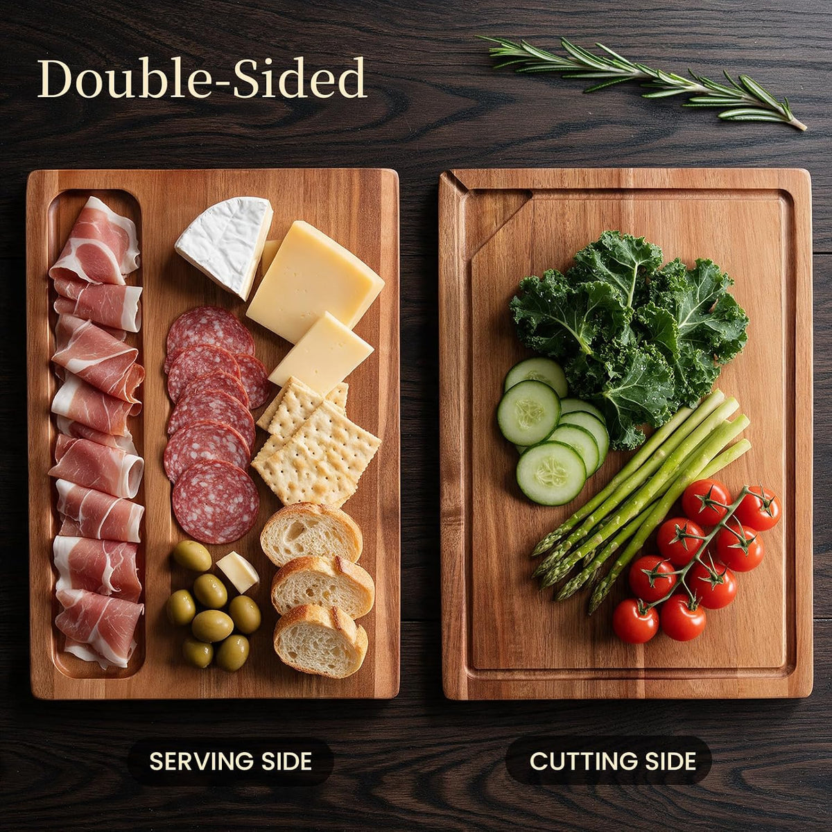 Kikcoin Food Safe Acacia Wood Cutting Board Set, Reversible Tray