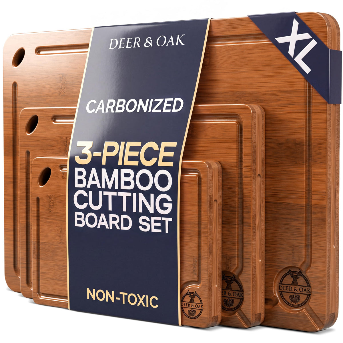 Deer & Oak 3-Piece Bamboo Cutting Board Carbonized Set, Pre-Oiled