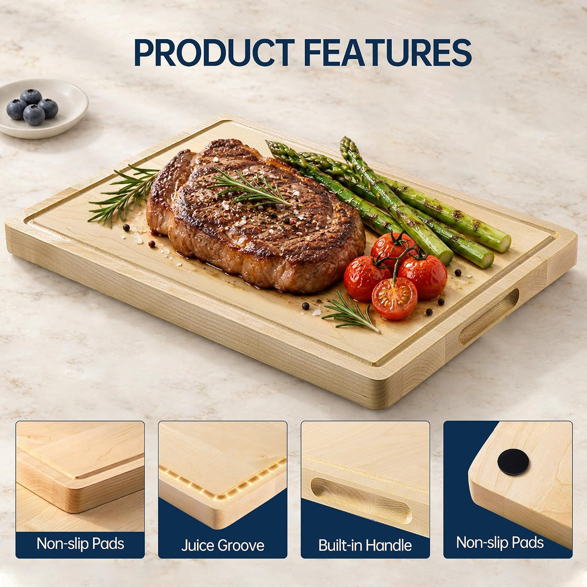 Hard Maple Cutting Board for Kitchen, Solid Wooden Chopping Board